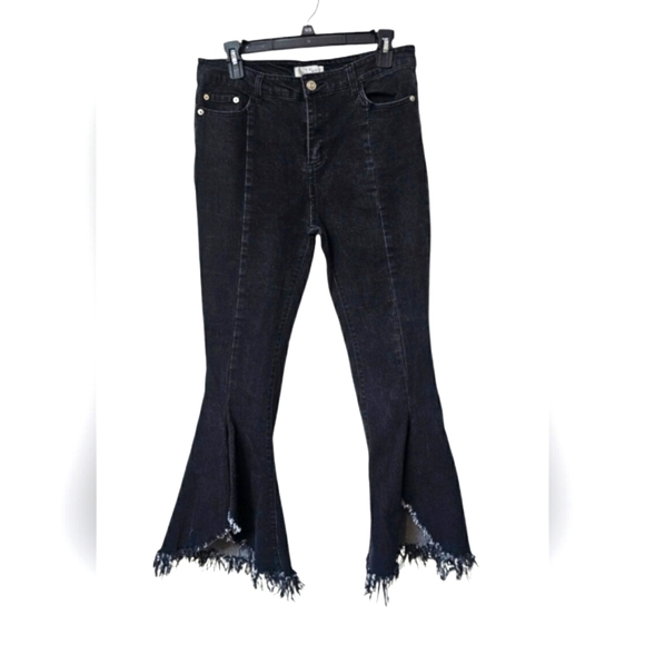 Peach Love California Distressed Black Fringe Gray Denim Flare Stretchy Jeans L - Picture 3 of 13